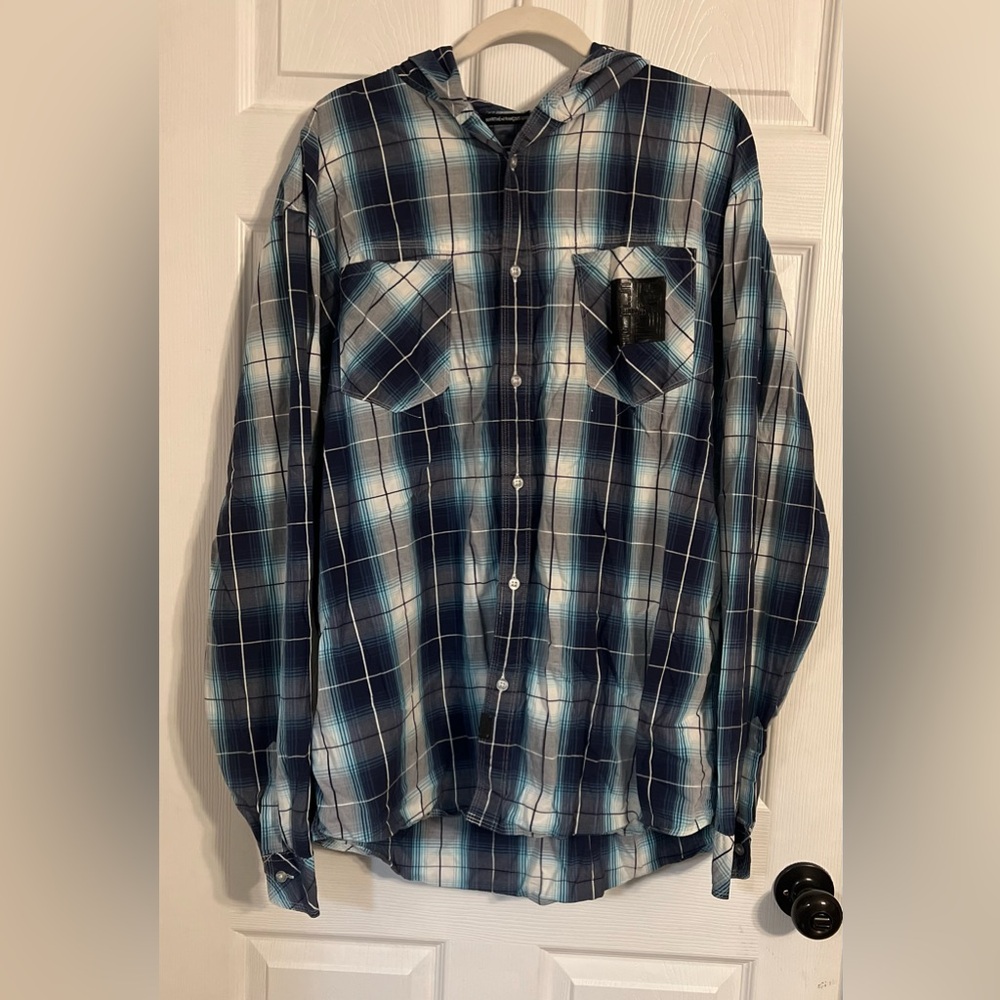 MARITHE FRANCOIS GIRBAUDO Men’s Hooded Button Up Plaid Long Sleeve Shirt Xxl